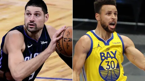 Nikola Vucevic (left) of the Orlando Magic and Stephen Curry (right) of the Golden State Warriors. (Getty)