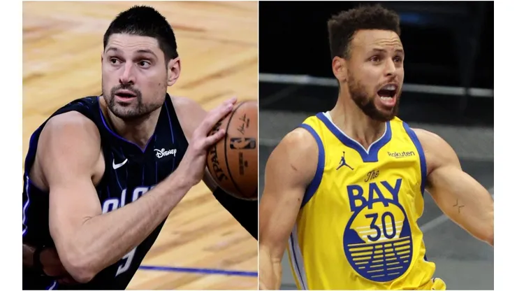 Nikola Vucevic (left) of the Orlando Magic and Stephen Curry (right) of the Golden State Warriors. (Getty)