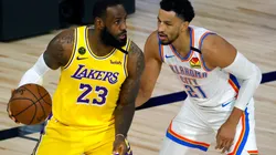 LeBron James (left) of the Los Angeles Lakers is defended by Andre Roberson (right) of the Oklahoma City Thunder. (Getty)