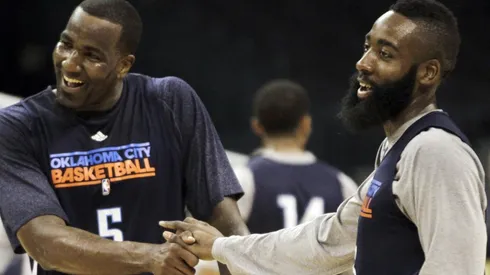 Kendrick Perkins and James Harden. (Getty)