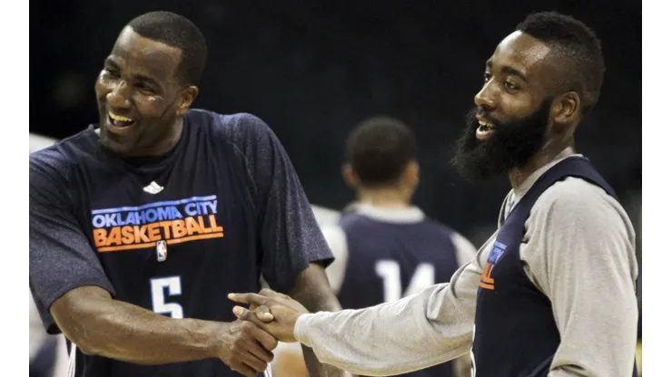 Kendrick Perkins and James Harden. (Getty)
