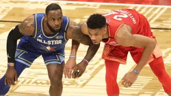 Giannis Antetokounmpo and LeBron James during the 2020 NBA All-Star Game. (Getty)