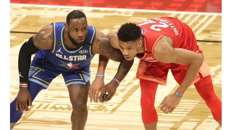 Giannis Antetokounmpo and LeBron James during the 2020 NBA All-Star Game. (Getty)