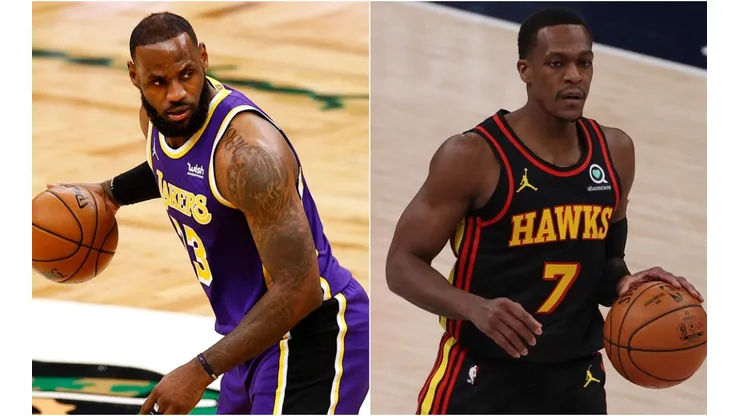 LeBron James (left) of the Los Angeles Lakers and Rajon Rondo (right) of the Atlanta Hawks. (Getty)