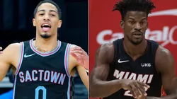 Tyrese Haliburton (left) of the Sacramento Kings and Jimmy Butler (right) of the Miami Heat. (Getty)