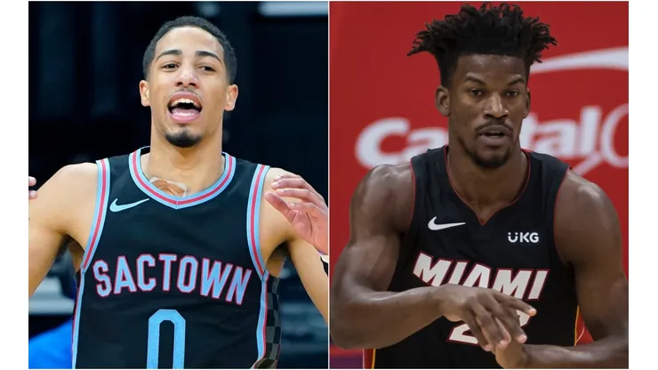 Tyrese Haliburton (left) of the Sacramento Kings and Jimmy Butler (right) of the Miami Heat. (Getty)