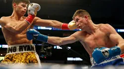Ryan Garcia (left) and Luke Campbell (right) exchange punches during the WBC Interim Lightweight Title fight. (Getty)