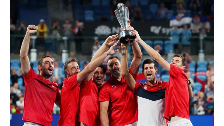 Novak Djokovic of Serbia posees with the ATP Cup trophy after winning the ATP Cup final against Spain. (Getty)