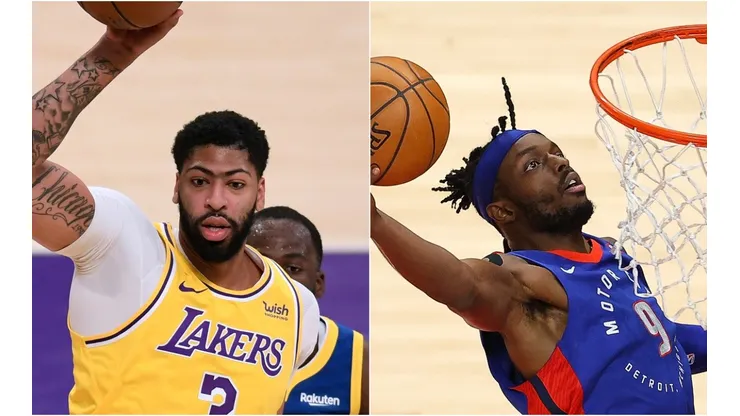 Anthony Davis (left) of the Los Angeles Lakers and Jerami Grant (right) of the Detroit Pistons. (Getty)
