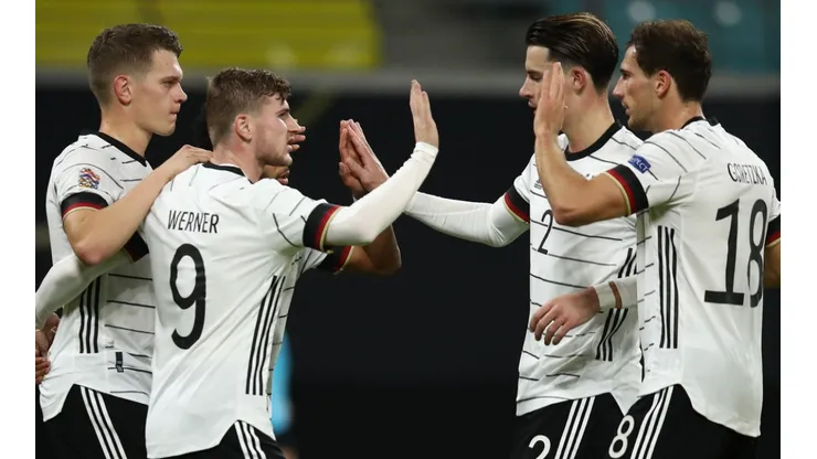 Timo Werner (left) of Germany celebrates a goal against Ukraine. (Getty)