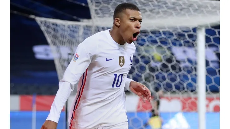 Kylian Mbappe of France celebrates after scoring against France. (Getty)