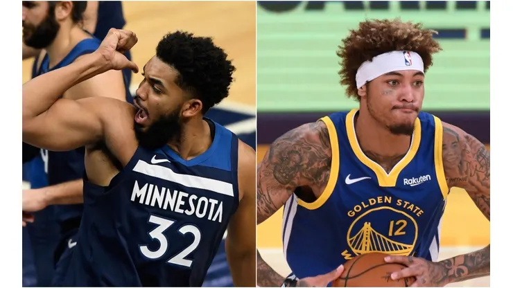 Karl-Anthony Towns (left) of the Minnesota Timberwolves and Kelly Oubre Jr. (right) of the Golden State Warriors. (Getty)