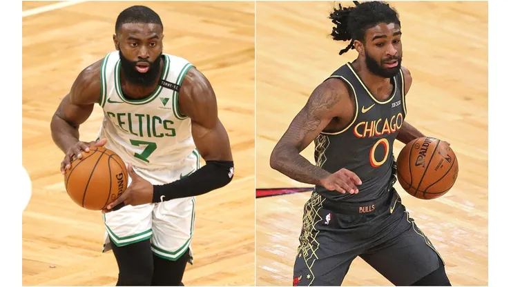 Jaylen Brown (left) of the Boston Celtics and Coby White (right) of the Chicago Bulls. (Getty)