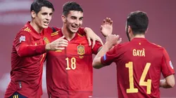 Ferran Torres (centre) of Spain celebrates scoring a goal vs Germany. (Getty)