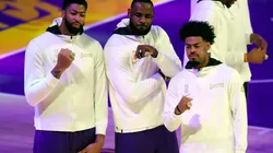 Anthony Davis, LeBron James and Quinn Cook. (Getty)