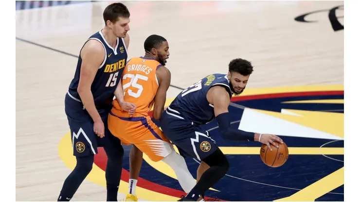 Nikola Jokic, Jamal Murray & Mikal Bridges. (Getty)