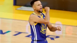 Stephen Curry of the Golden State Warriors reacts during an NBA game (Getty).