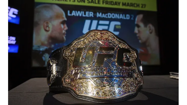 A view of the championship belt during the UFC 189 World Championship Press Tour. (Getty)