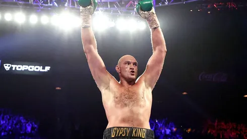 Tyson Fury celebrates his win against Deontay Wilder in the Heavyweight bout. (Getty)