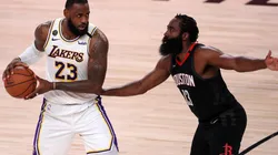 LeBron James and James Harden during the bubble. (Getty)