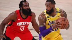 LeBron James of the Los Angeles Lakers (left) drives the ball against James Harden of the Houston Rockets (right). (Getty).jpg
