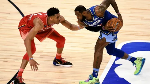 Giannis Antetokounmpo and LeBron James during the 2020 NBA All-Star Game. (Getty)