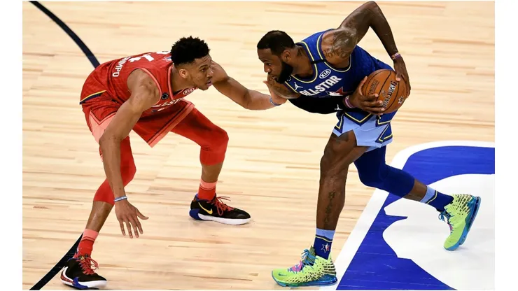 Giannis Antetokounmpo and LeBron James during the 2020 NBA All-Star Game. (Getty)