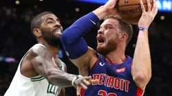 Kyrie Irving (left) of the Boston Celtics defends Blake Griffin (right) of the Detroit Pistons. (Getty)