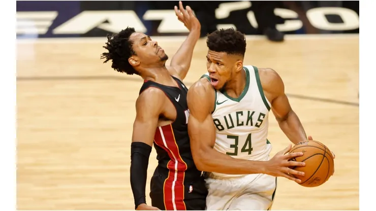 Giannis Antetokounmpo vs. the Heat. (Getty)