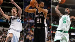 Dirk Nowitzki (left), Tim Duncan (centre), and Kevin Garnett (right). (Getty)