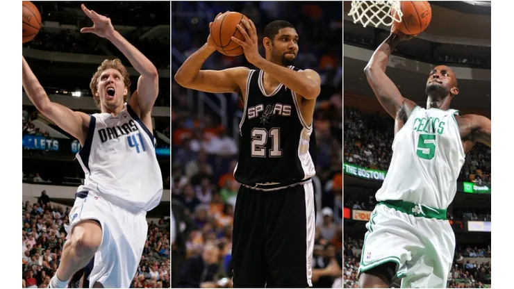 Dirk Nowitzki (left), Tim Duncan (centre), and Kevin Garnett (right). (Getty)