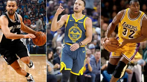 Tony Parker (left), Stephen Curry (centre), and Magic Johnson (right). (Getty)