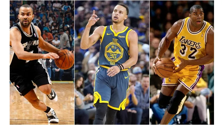 Tony Parker (left), Stephen Curry (centre), and Magic Johnson (right). (Getty)