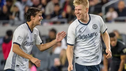 Jakob Glesnes (right) of Philadelphia Union celebrates his goal on a free kick against Los Angeles FC (Getty).