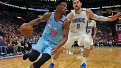 Nikola Vucevic guarding Jimmy Butler. (Getty)