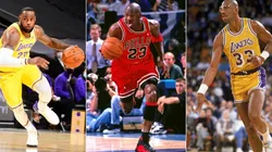 LeBron James (left), Michael Jordan (center) & Kareem Abdul-Jabbar. (Getty)