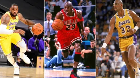LeBron James (left), Michael Jordan (center) & Kareem Abdul-Jabbar. (Getty)