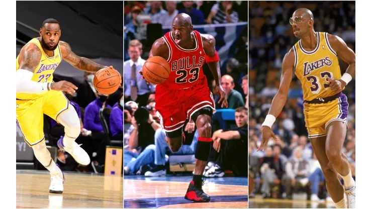 LeBron James (left), Michael Jordan (center) & Kareem Abdul-Jabbar. (Getty)