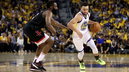 James Harden guarding Stephen Curry. (Getty)