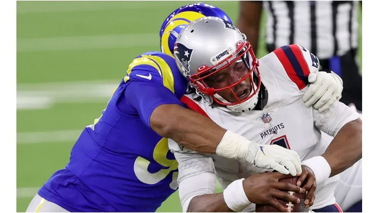 Aaron Donald sacking Cam Newton. (Getty)