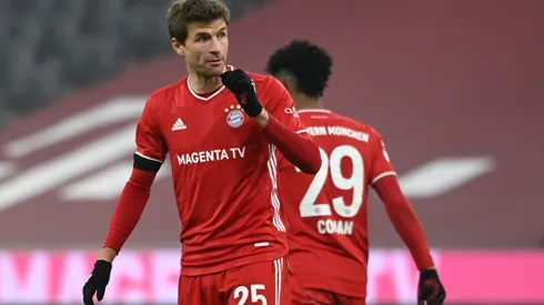 Bayern's Thomas Müller celebrates his goal against Leipzig (Getty).