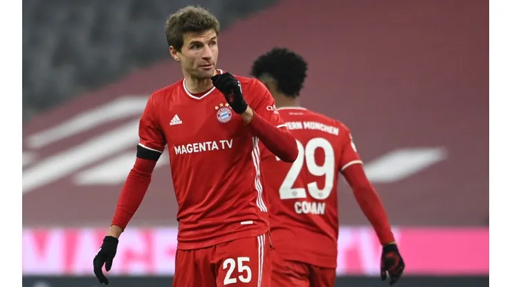 Bayern's Thomas Müller celebrates his goal against Leipzig (Getty).