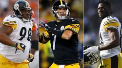 Casey Hampton (left), Ben Roethlisberger (center) and Antonio Brown (Getty).