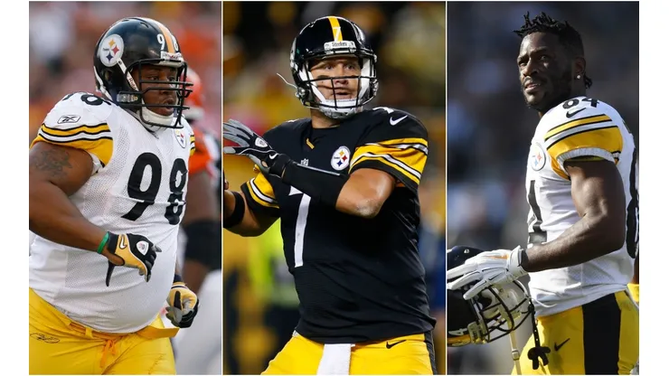 Casey Hampton (left), Ben Roethlisberger (center) and Antonio Brown (Getty).