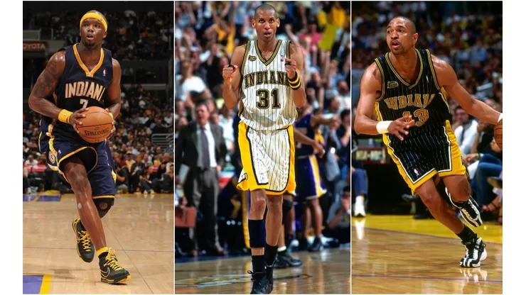 Jermaine O'Neal (left), Reggie Miller (center), & Mark Jackson. (Getty)