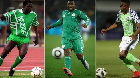 Rashidi Yekini (left), Yakubu (centre), and Ahmed Musa (left). (Getty)