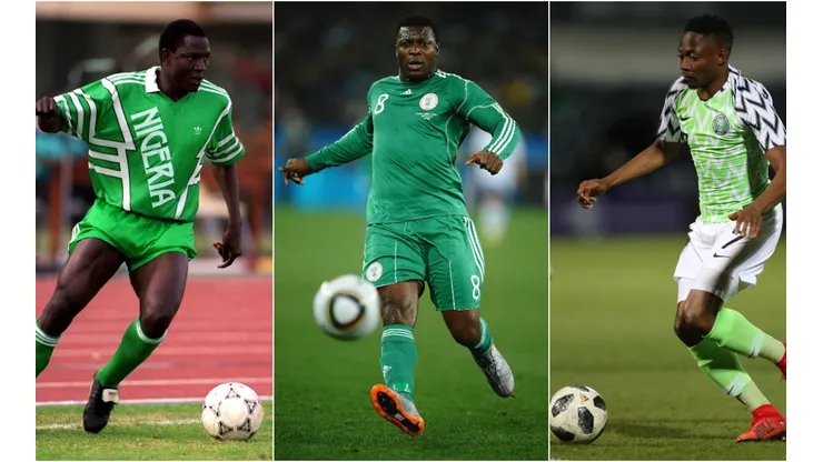 Rashidi Yekini (left), Yakubu (centre), and Ahmed Musa (left). (Getty)