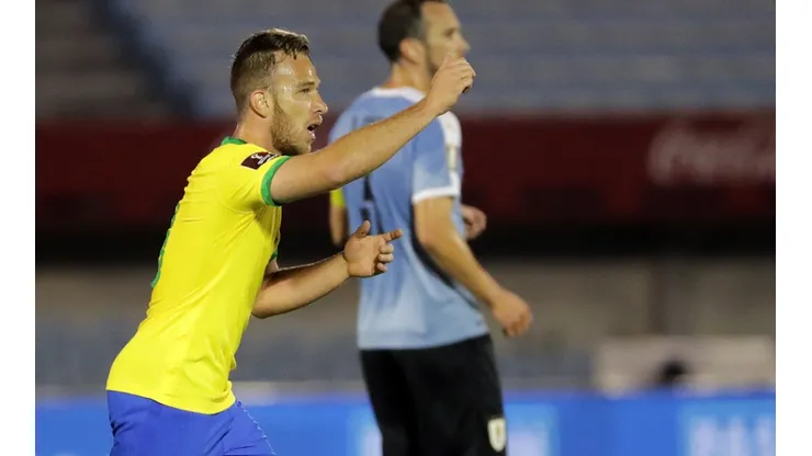 Arthur of Brazil celebrates after scoring against Uruguay (Getty).