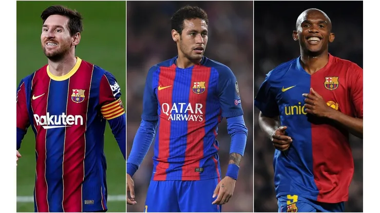 Lionel Messi (left), Neymar (centre), and Samuel Eto'o (right). (Getty)