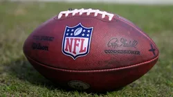 A detailed view of the NFL logo on a football prior to a game.